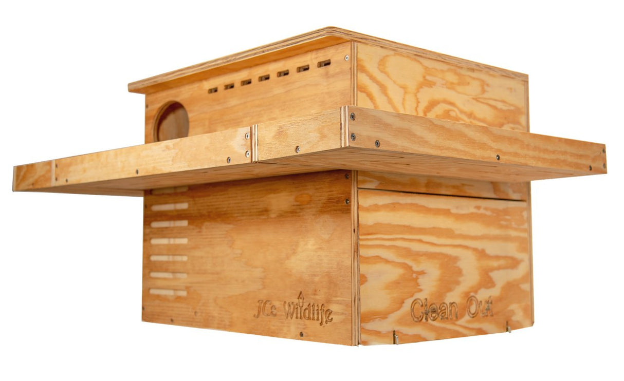 JCS Wildlife 3 Sided Platform Barn Owl Nesting Box with elliptical entrance hole and interior divider to protect against predators