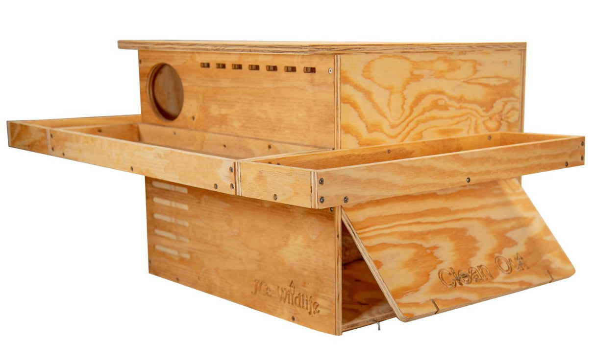 JCS Wildlife 3 Sided Platform Barn Owl Nesting Box with elliptical entrance and interior divider for predator protection