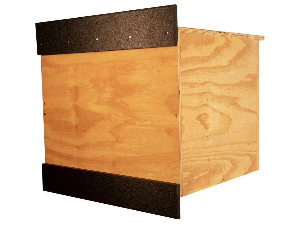 JCS Wildlife 3 Sided Platform Barn Owl Nesting Box made of wood with predator protection features and interior divider.