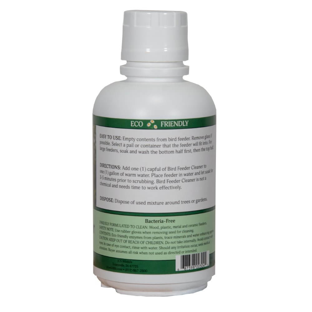 JCS Wildlife Bird Feeder Cleaner 16 oz bottle with eco-friendly label and usage directions for cleaning feeders.