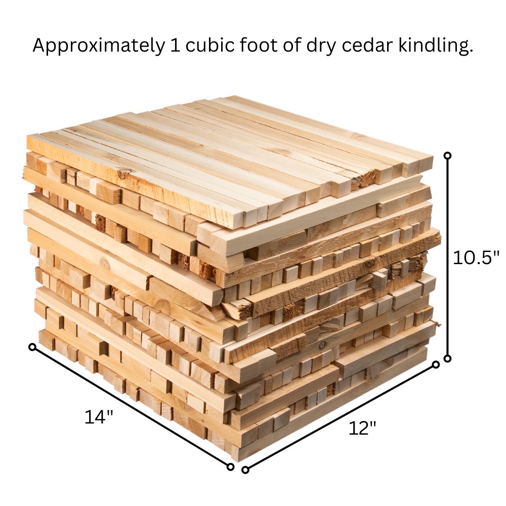Stack of JCS Wildlife Cedar Kindling - 1 Cubic Foot, 10.5" high x 14" wide x 12" deep, for easy lighting of fires in stoves, fireplaces, and campfires.