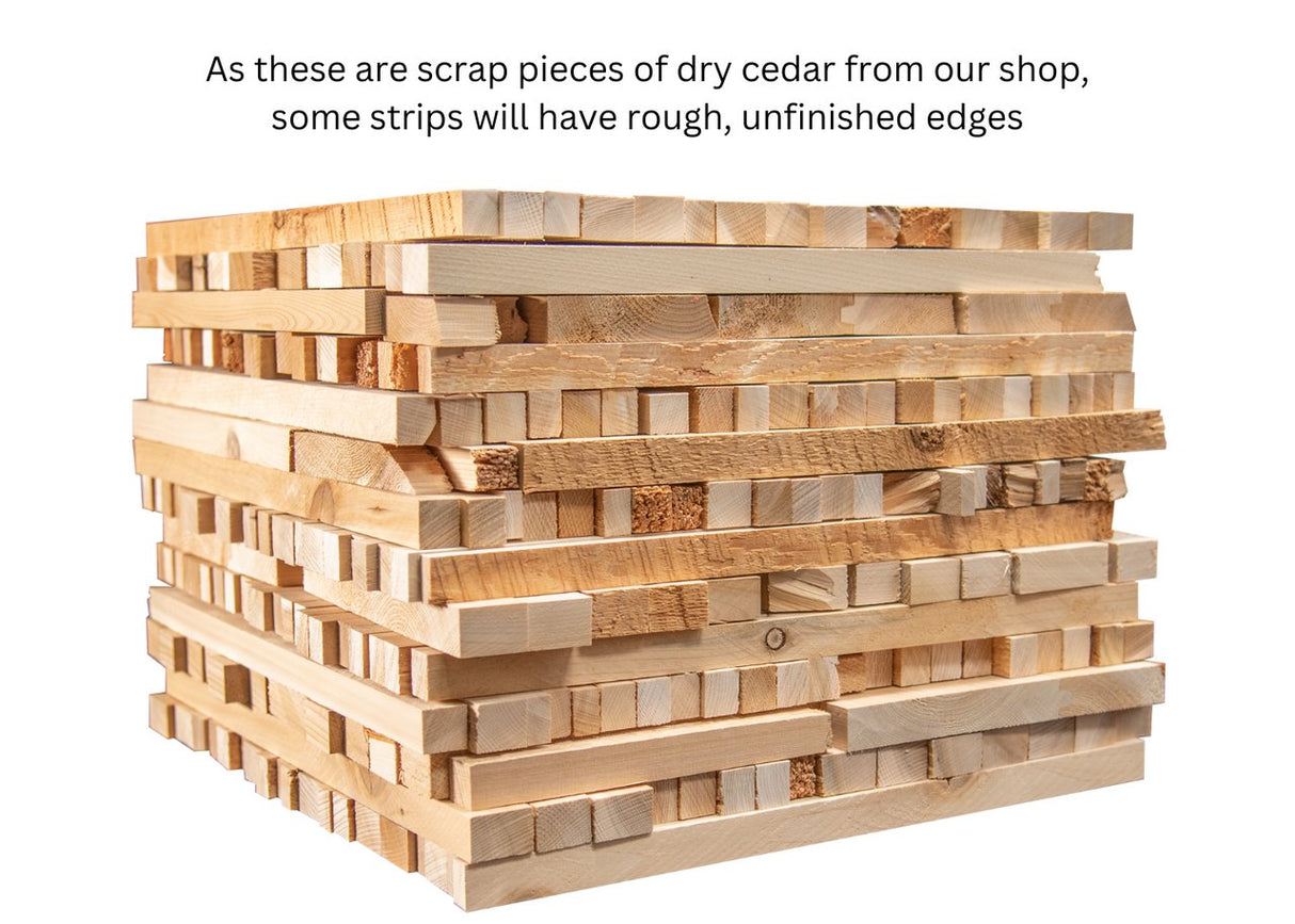 Stack of JCS Wildlife cedar kindling pieces with rough, unfinished edges for easy fire starting in stoves, fireplaces, and campfires