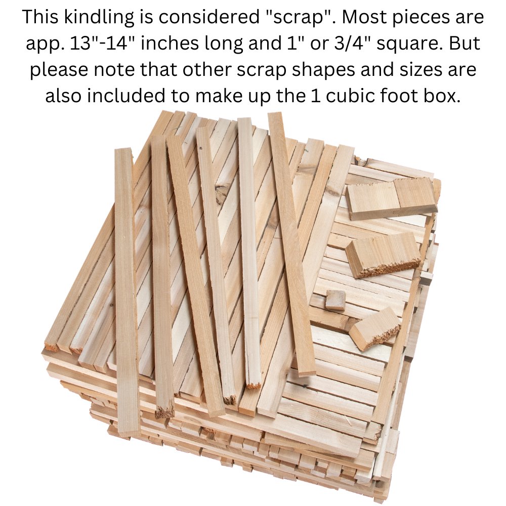 JCS Wildlife Cedar Kindling scraps in various shapes and sizes for easy fire starting in a 1 cubic foot box