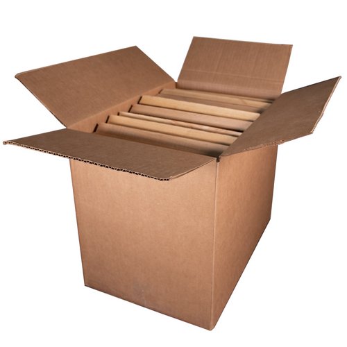 Open cardboard box filled with dry cedar kindling for easy fire starting.