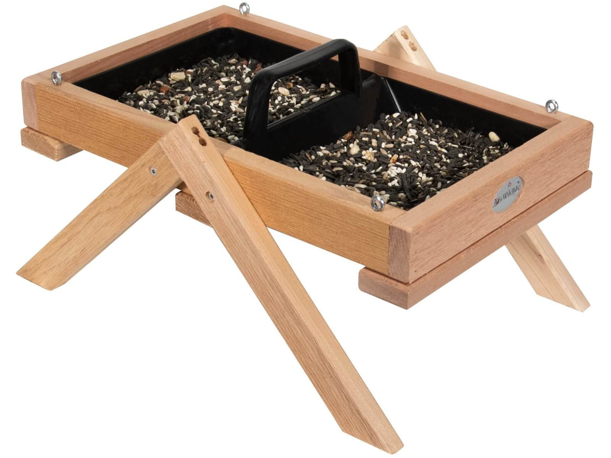 JCS Wildlife Cedar Platform Ground Feeder Large with removable tray for easy filling and cleaning.