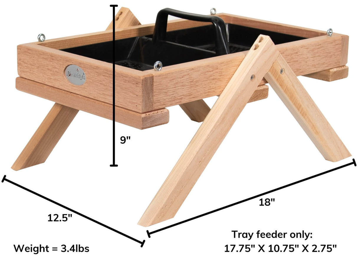 JCS Wildlife Cedar Platform Ground Feeder Large with removable tray and dimensions for easy use.
