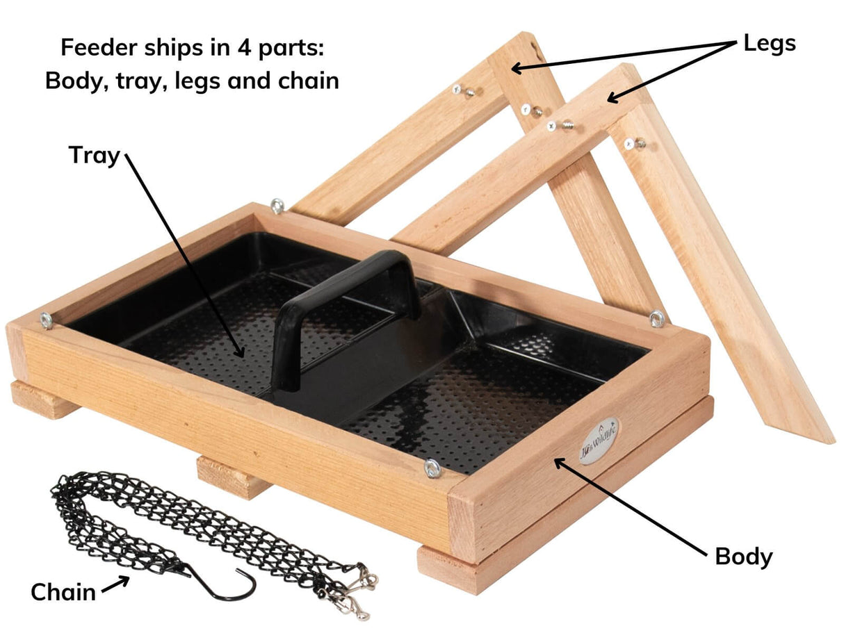 JCS Wildlife Cedar Platform Ground Feeder Large parts diagram showcasing tray, legs, and body for easy assembly.