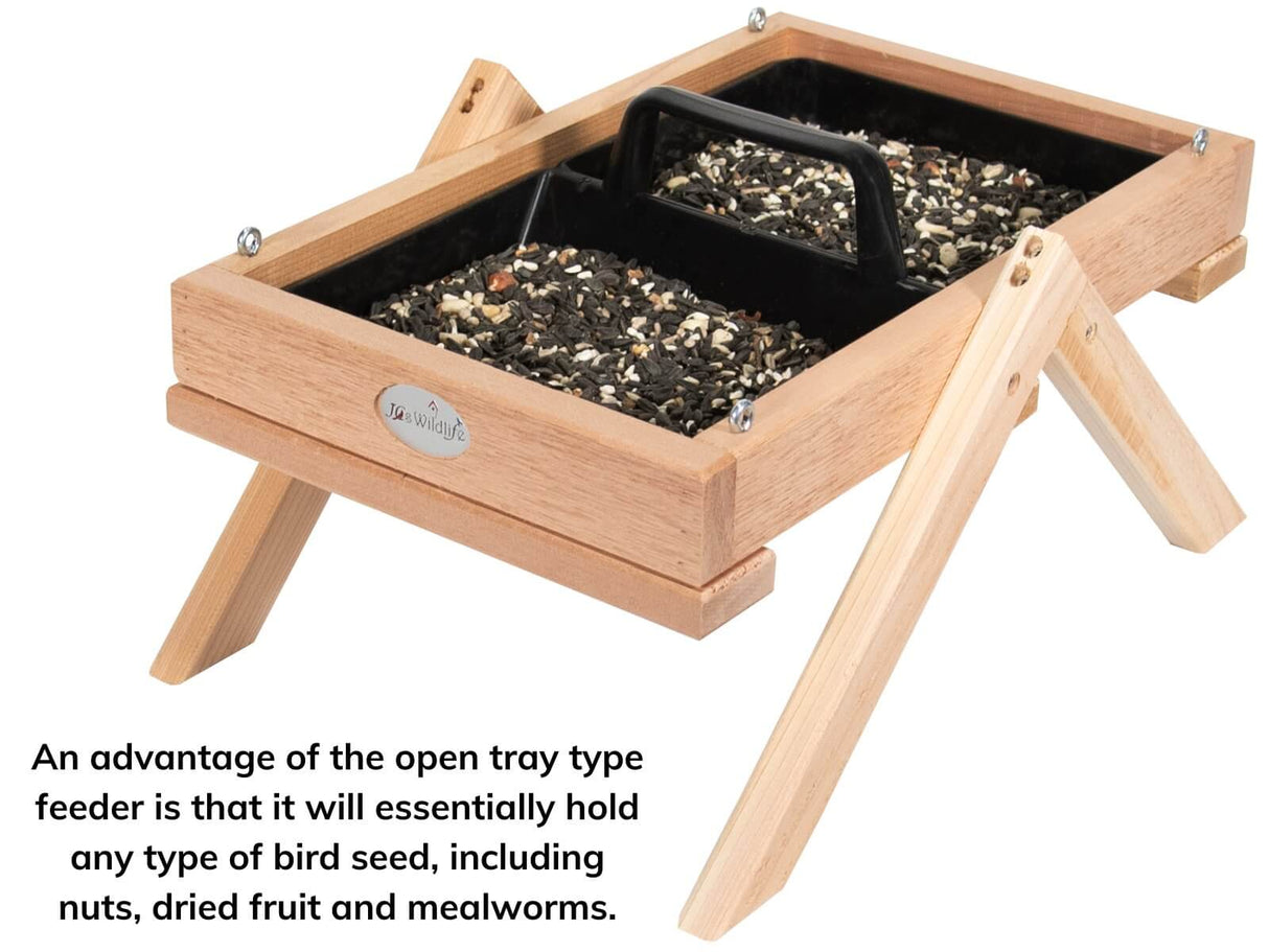 JCS Wildlife Cedar Platform Ground Feeder Large with removable tray for easy filling and cleaning, perfect for attracting birds.