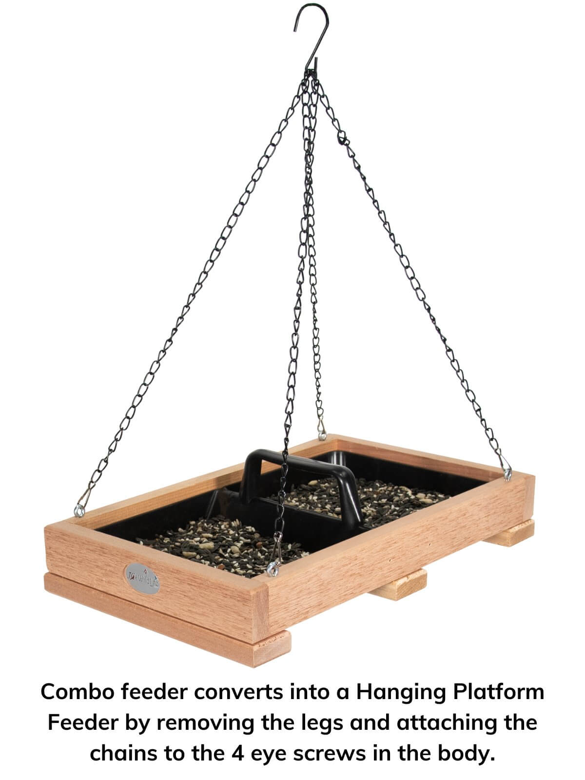 JCS Wildlife Cedar Platform Ground Feeder Large converted into a hanging feeder with chains and tray for easy bird feeding.