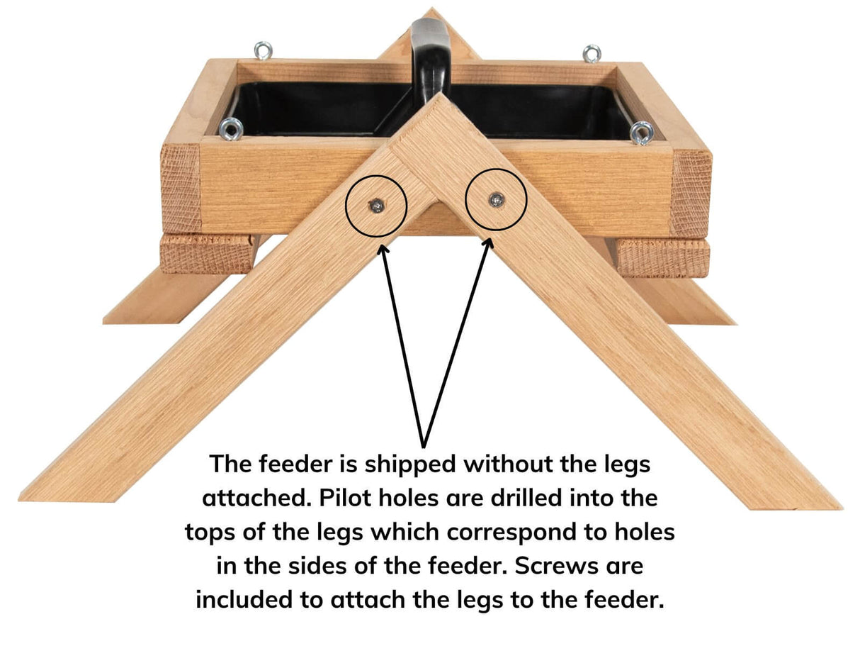 JCS Wildlife Cedar Platform Ground Feeder Medium showing assembly details and leg attachment instructions.