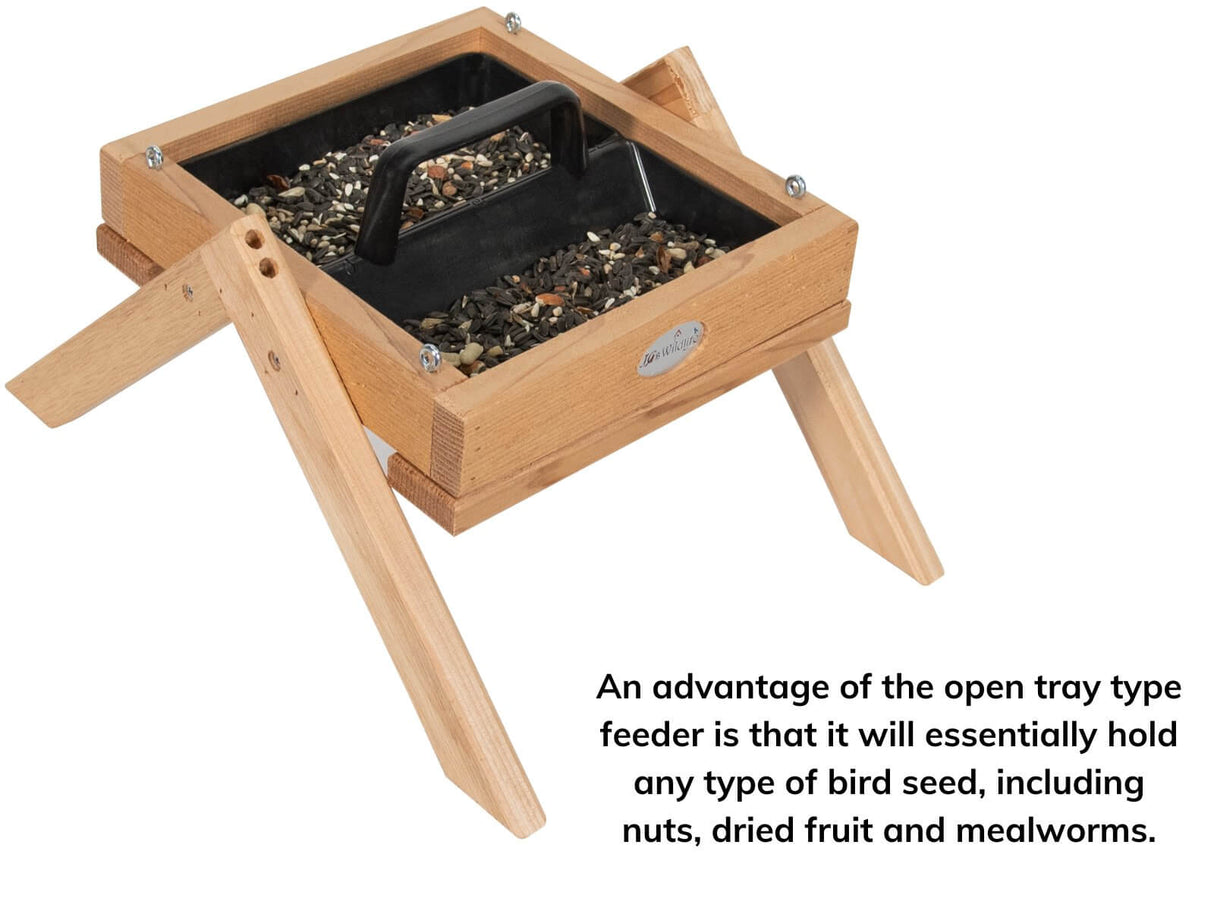 JCS Wildlife Cedar Platform Ground Feeder Medium with removable tray for bird seed and easy cleaning.