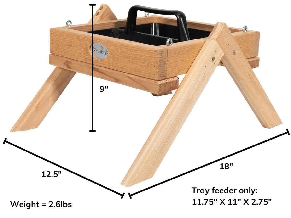 JCS Wildlife Cedar Platform Ground Feeder Medium features a sturdy cedar wood design, removable tray, and dimensions labeled for easy use.