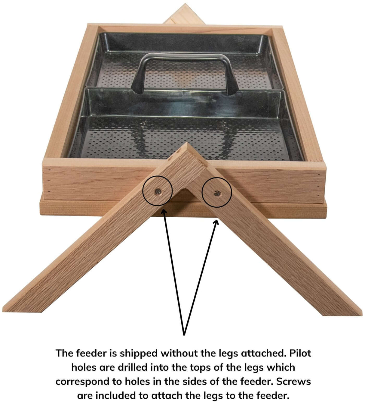 JCS Wildlife Cedar Platform Ground Feeder XL design with removable tray and attachable legs for easy setup.