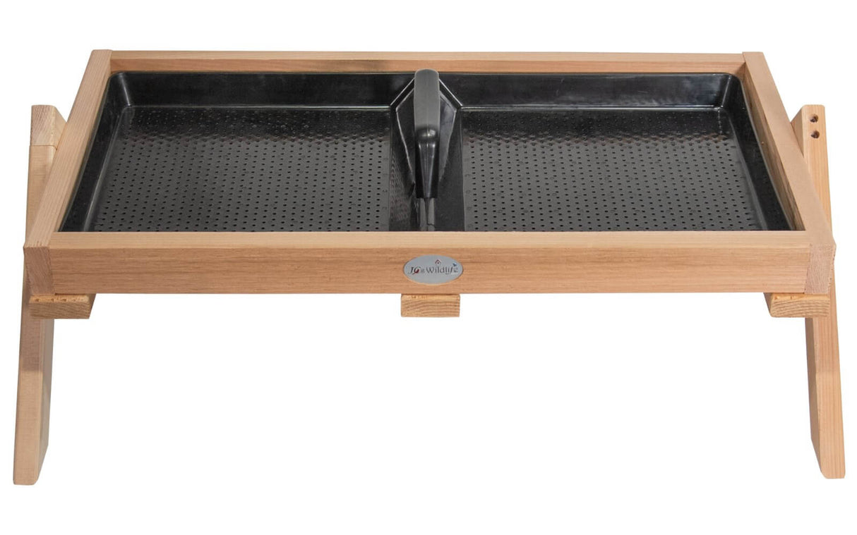 JCS Wildlife Cedar Platform Ground Feeder XL with removable tray for easy cleaning and durable cedar wood construction.