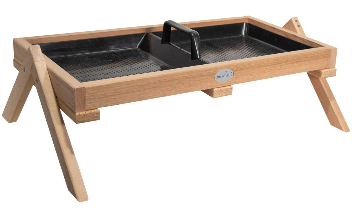JCS Wildlife Cedar Platform Ground Feeder XL with removable tray for easy cleaning, ideal for attracting birds.