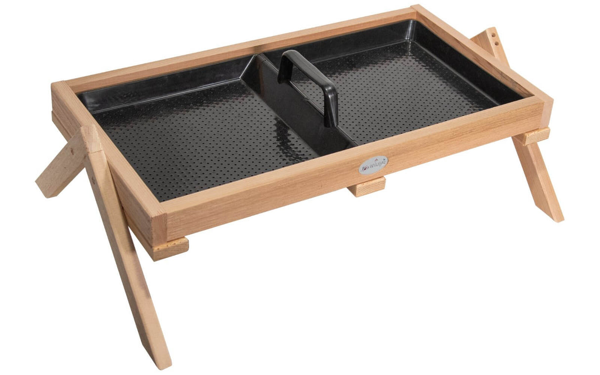JCS Wildlife Cedar Platform Ground Feeder XL with removable tray for easy cleaning, made of durable cedar wood.