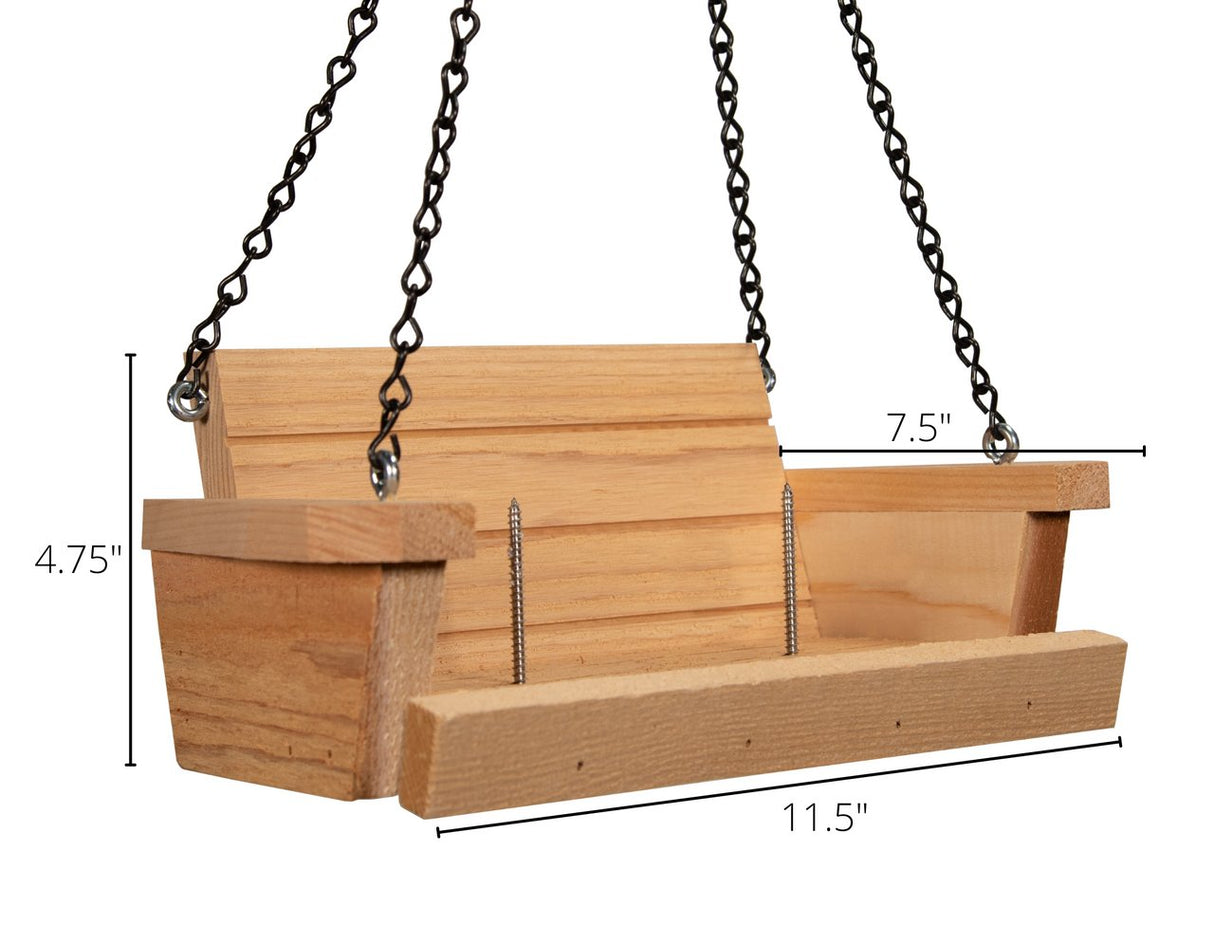 JCS Wildlife Cedar Squirrel Feeder Swing with dimensions 7.5", 4.75", and 11.5", made of cedar wood and stainless steel screws
