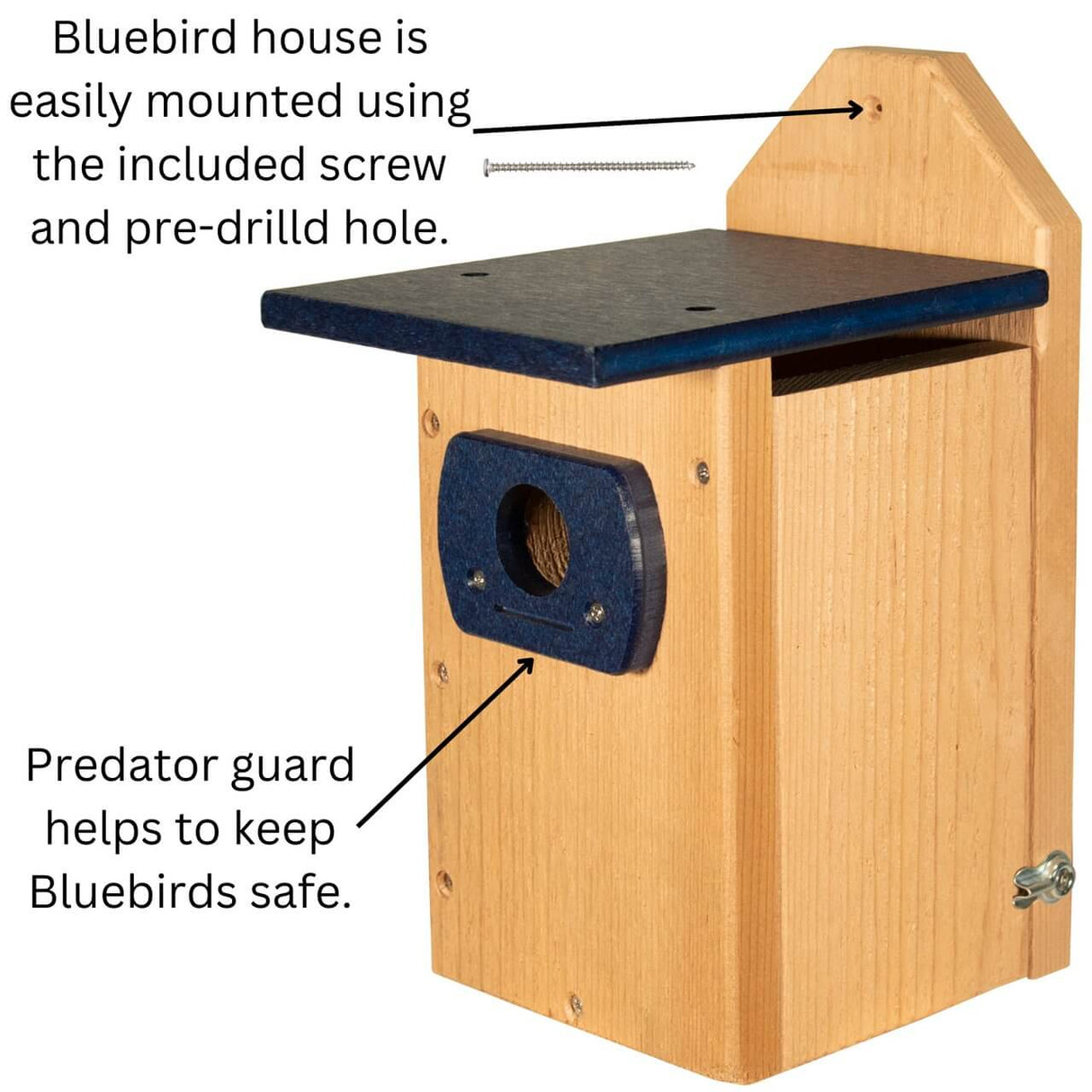 JCS Wildlife Cedar Wood Bluebird house with predator guard and easy mount features, ideal for Eastern and Western Bluebirds.
