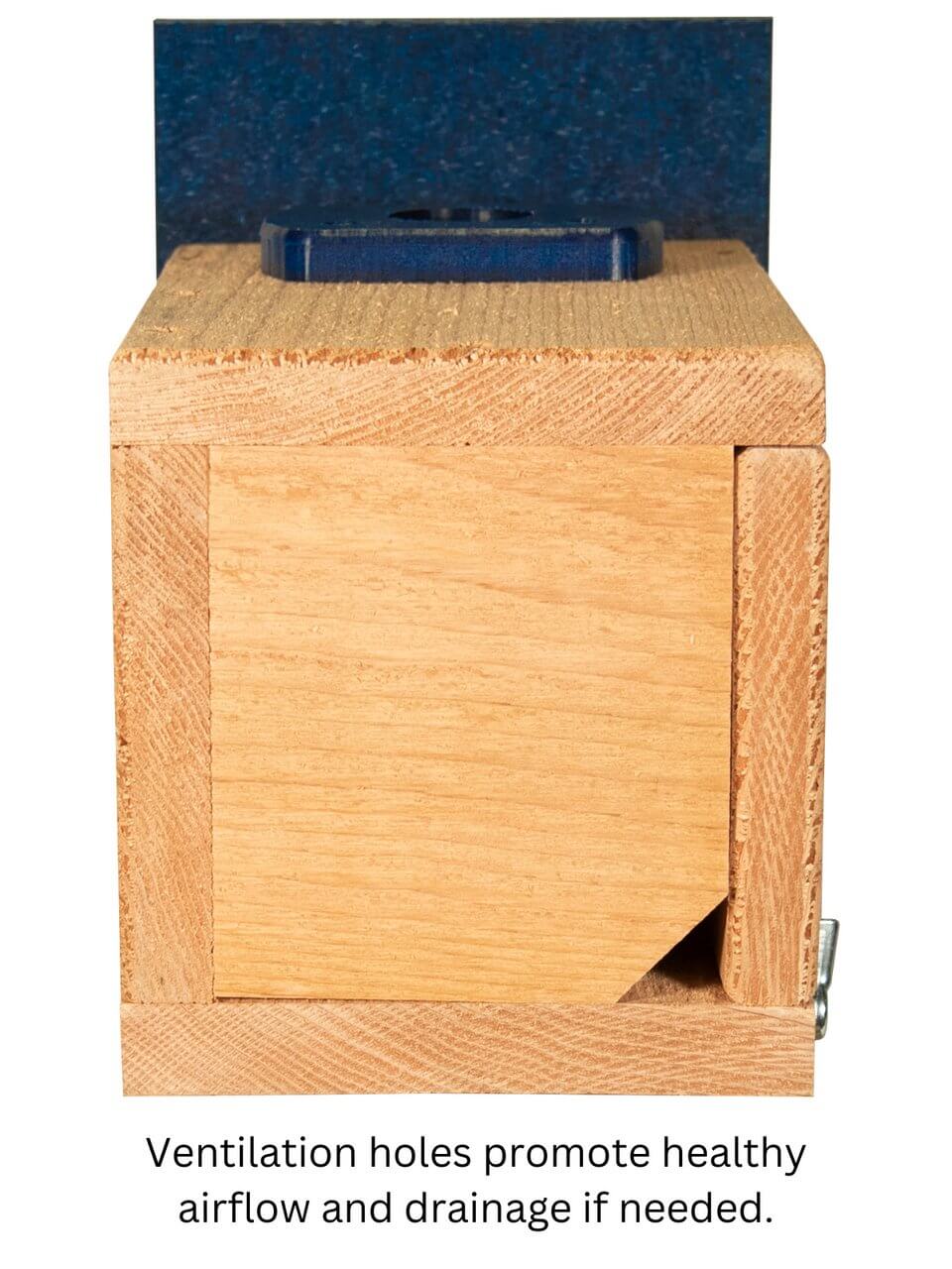 JCS Wildlife Cedar Wood Bluebird House with ventilation holes for healthy airflow and drainage.
