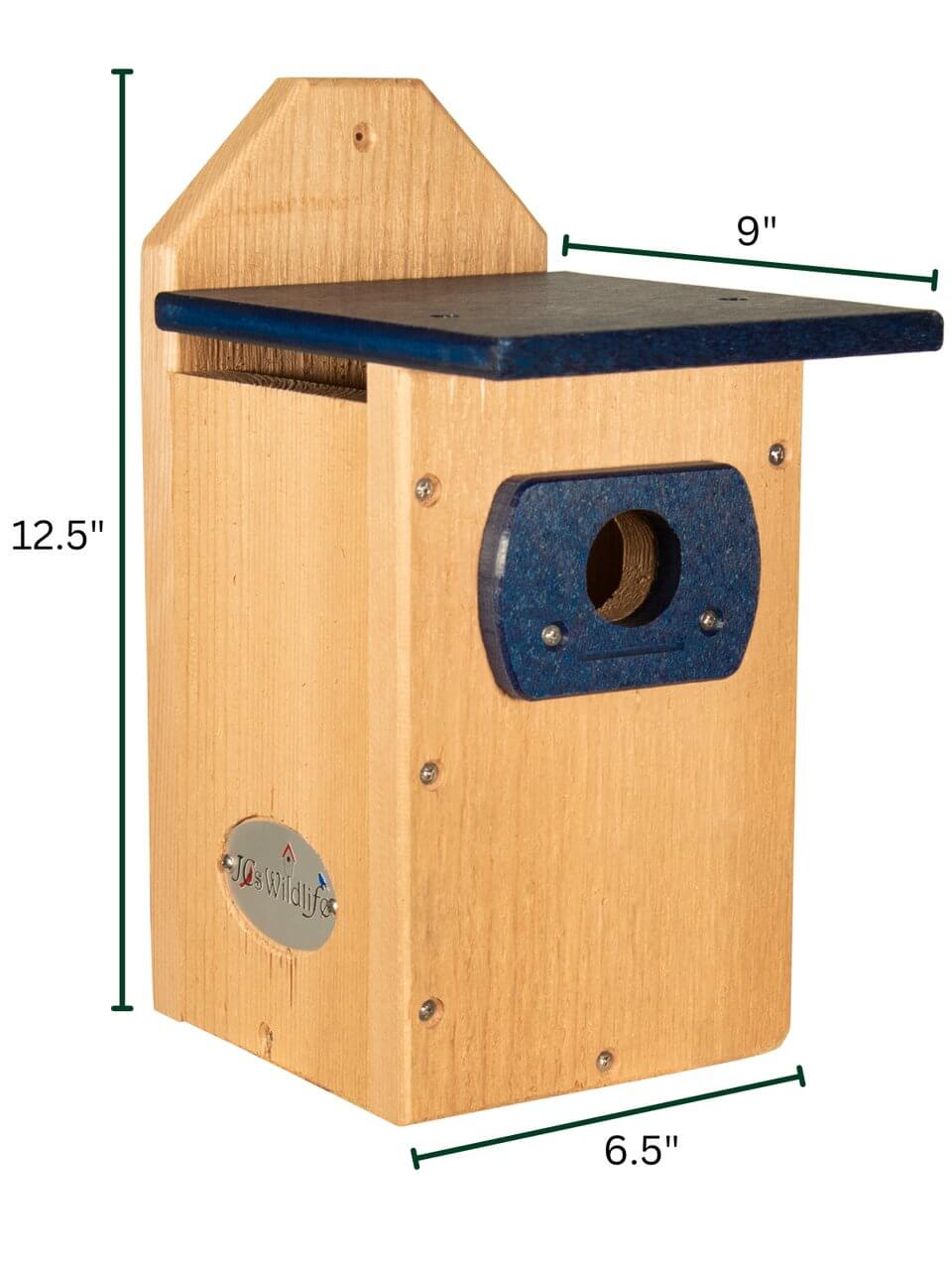 JCS Wildlife Cedar Wood Standard Eastern and Western Bluebird House with dimensions 12.5" x 6.5" x 9".