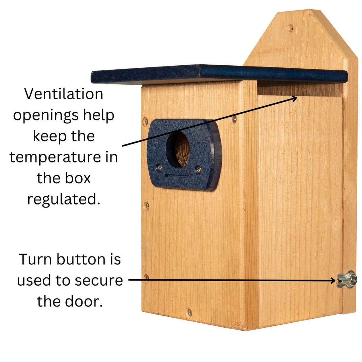 JCS Wildlife Cedar Wood Bluebird House with ventilation openings and secure door for easy cleaning