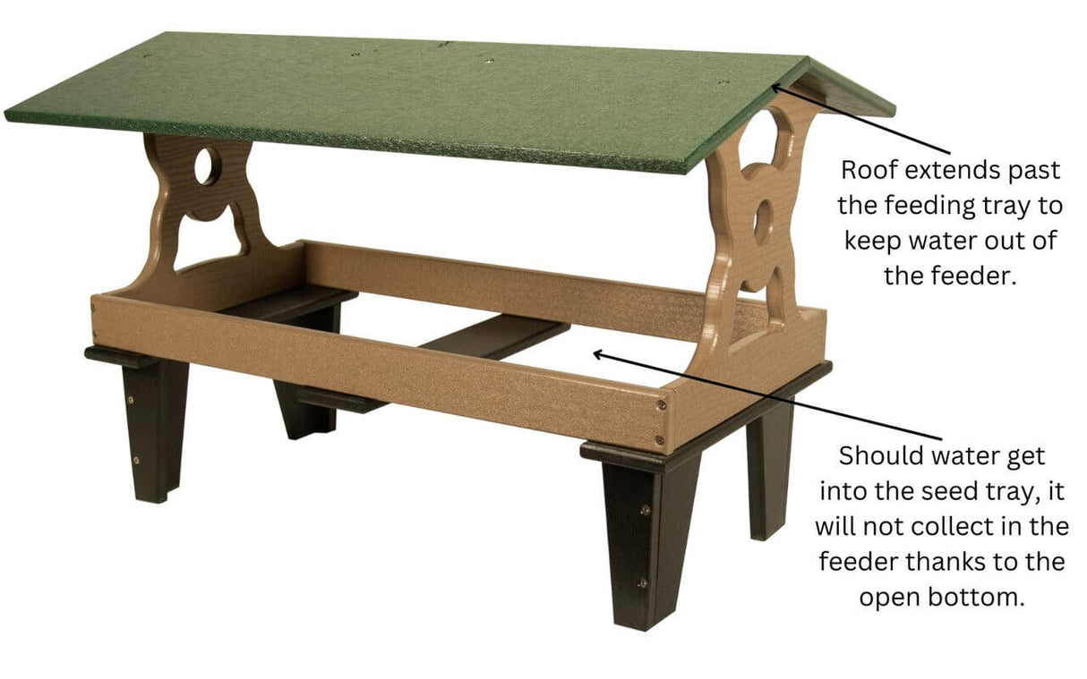 JCS Wildlife Colossal Ground Fly Thru Feeder with roof extension and open bottom design for water drainage.