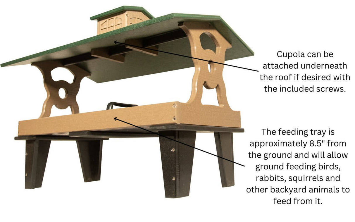JCS Wildlife Colossal Ground Fly Thru Feeder with cupola option, holding bird seed for outdoor animals.