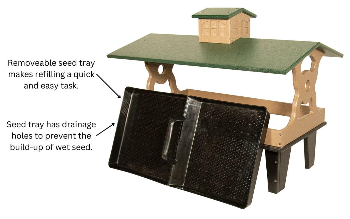 JCS Wildlife Colossal Ground Fly Thru Feeder features removable seed tray for easy refilling and drainage holes to prevent wet seed.