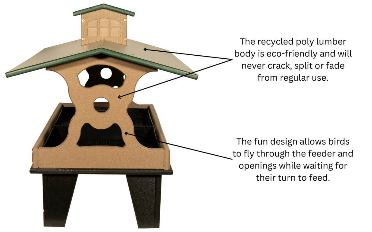 JCS Wildlife Colossal Ground Fly Thru Feeder features recycled poly lumber, allowing birds to fly through while feeding.