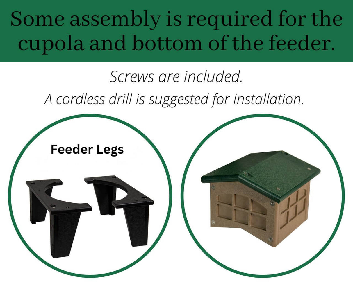 JCS Wildlife Colossal Ground Fly Thru Feeder assembly components, including legs and cupola, with installation tips.