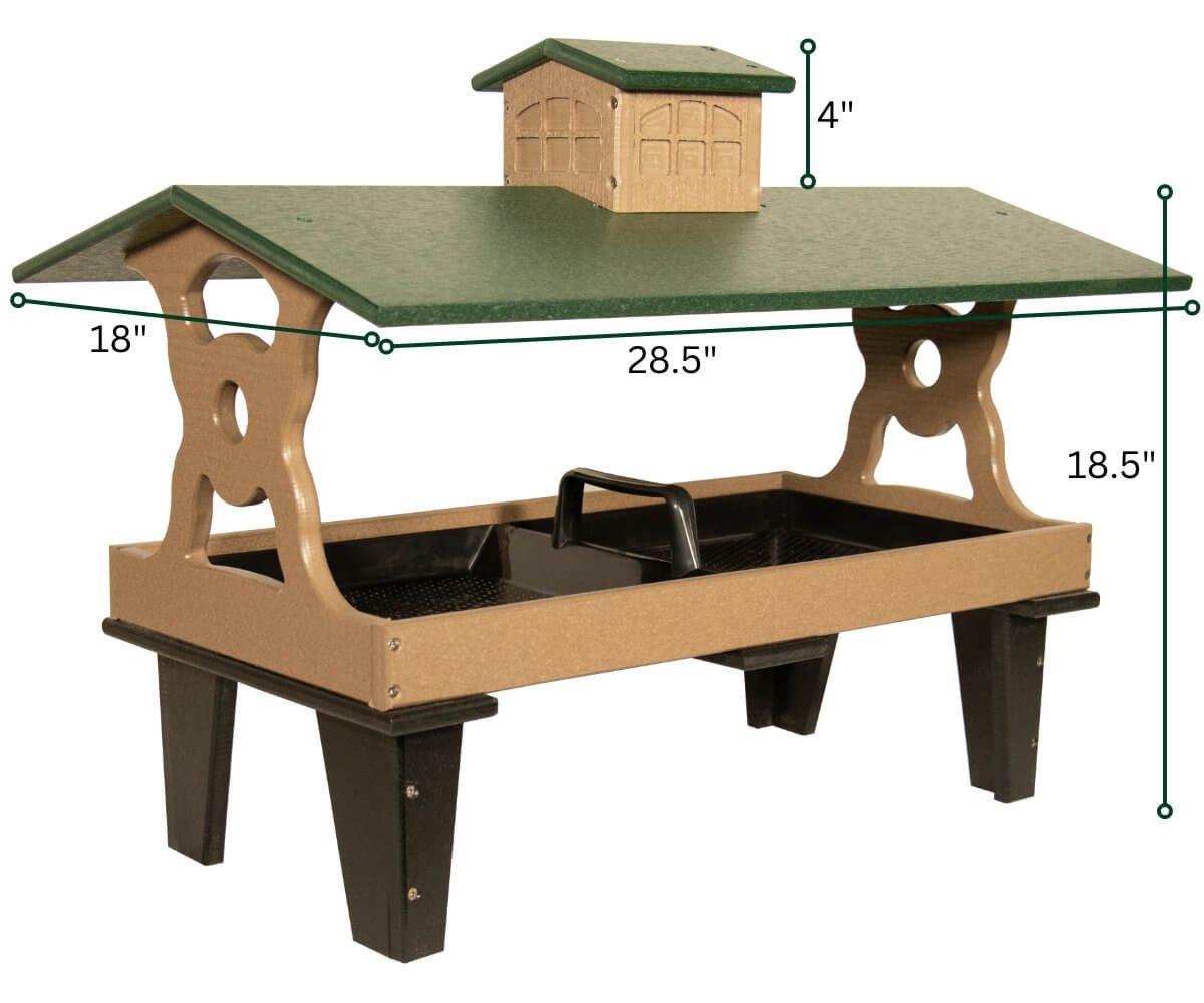 JCS Wildlife Colossal Ground Fly Thru Feeder dimensions, holds 16 cups of bird seed, made from recycled poly lumber.