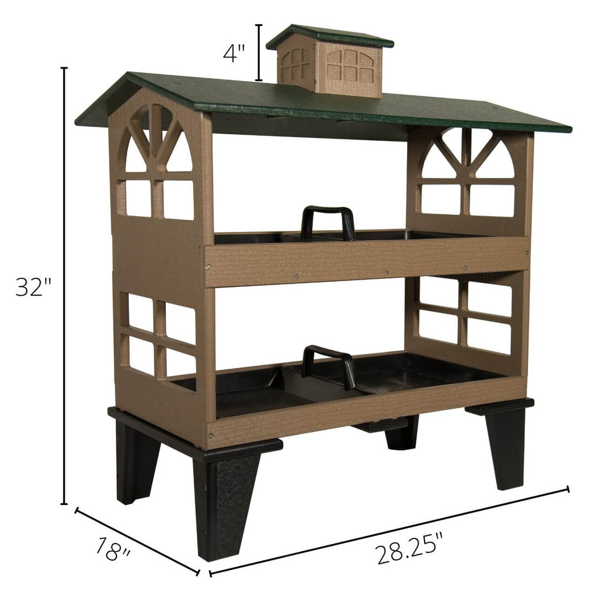JCS Wildlife Double Colossal Ground Fly Thru Bird Feeder with two large seed trays for birds, measuring 32" tall and 28.25" wide.