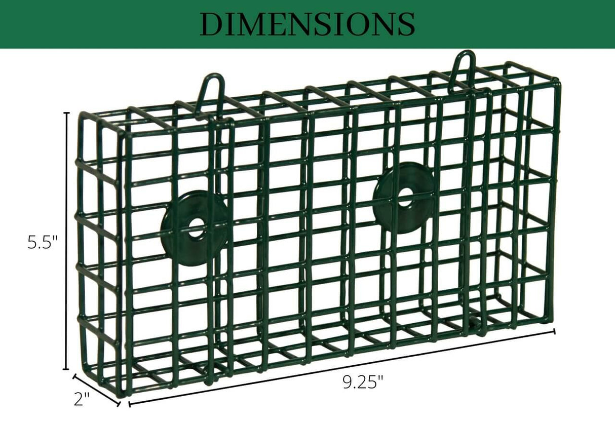 Dimensions of JCS Wildlife Double Suet Feeder Cage: 5.5" height, 9.25" width, and 2" depth.