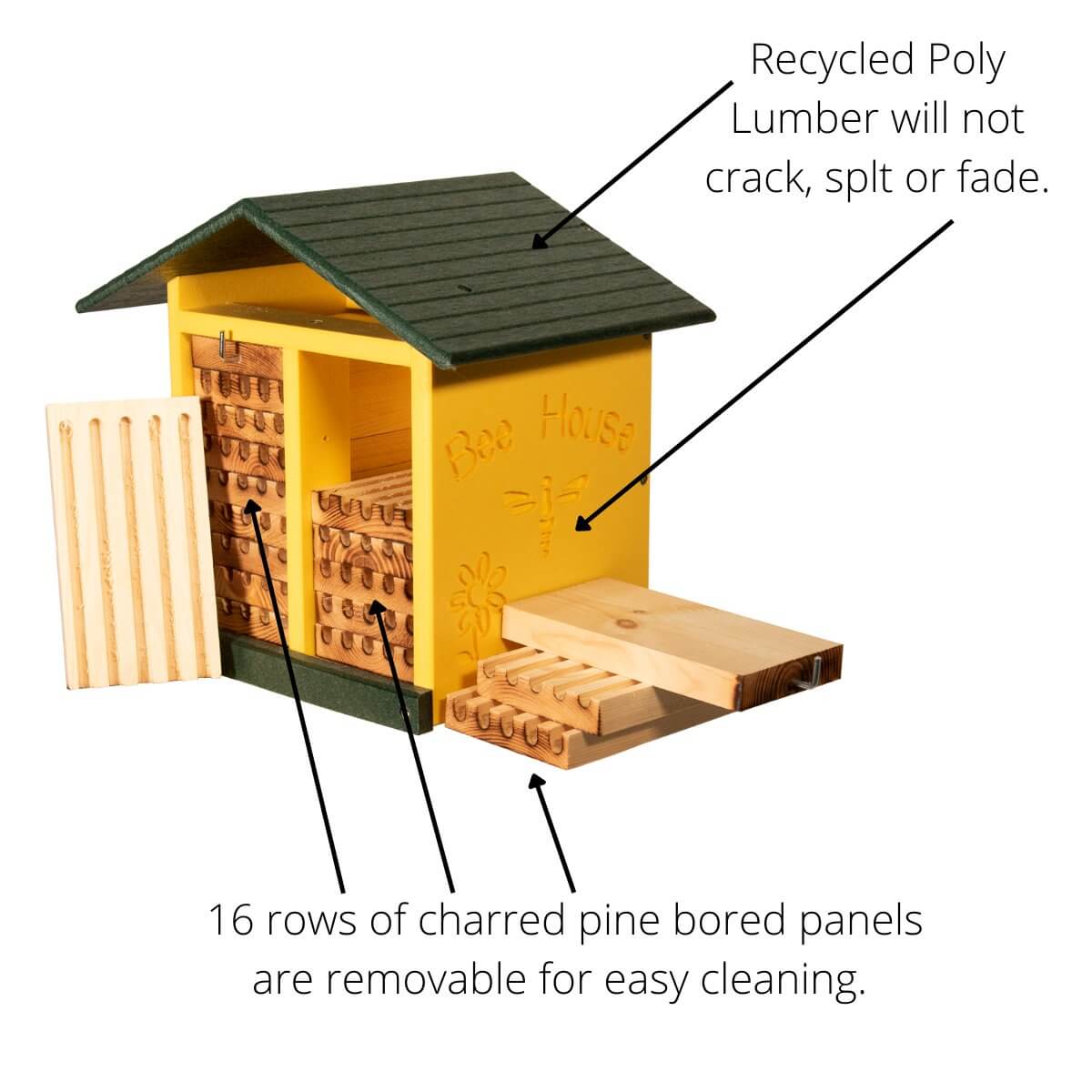 JCS Wildlife Double-Wide Poly Lumber Mason Bee House with removable charred pine panels, will not crack, split or fade.