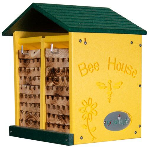 JCS Wildlife Double-Wide Large Poly Lumber and Pine Mason Bee House - Handmade, UV protected, with vibrant yellow and green colors