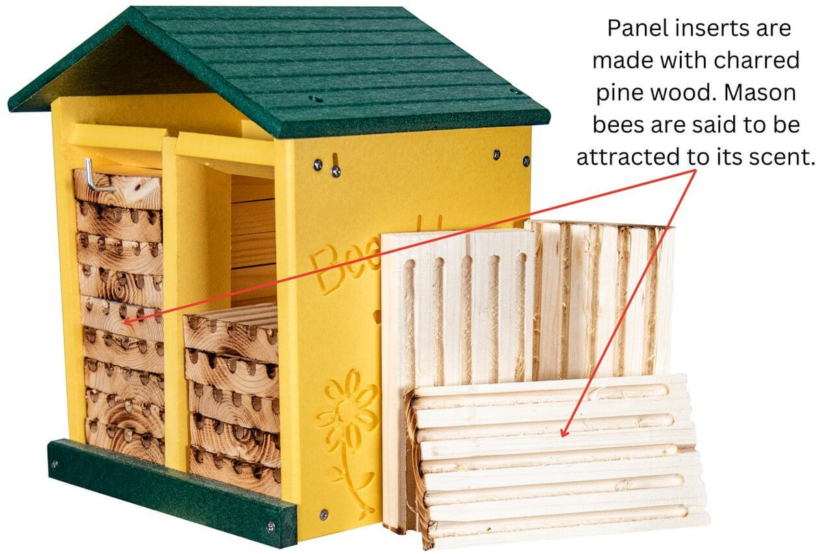 JCS Wildlife Double-Wide Large Poly Lumber and Pine Mason Bee House with removable charred pine wood panel inserts for mason bee nesting
