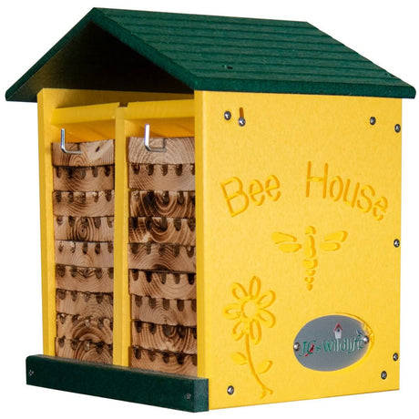 JCS Wildlife double-wide large poly lumber and pine mason bee house with 16 nesting rows, handmade in the USA, vibrant colors.