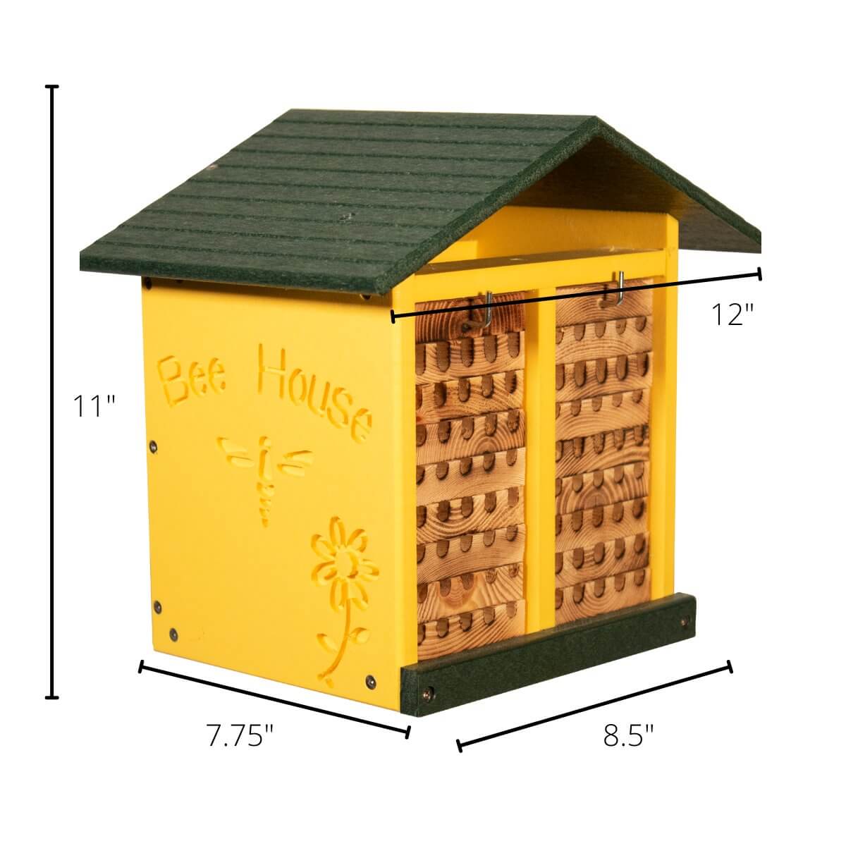 JCS Wildlife Double-Wide Large Poly Lumber and Pine Mason Bee House with dimensions 11"x8.5"x12", handmade, yellow and green, side view