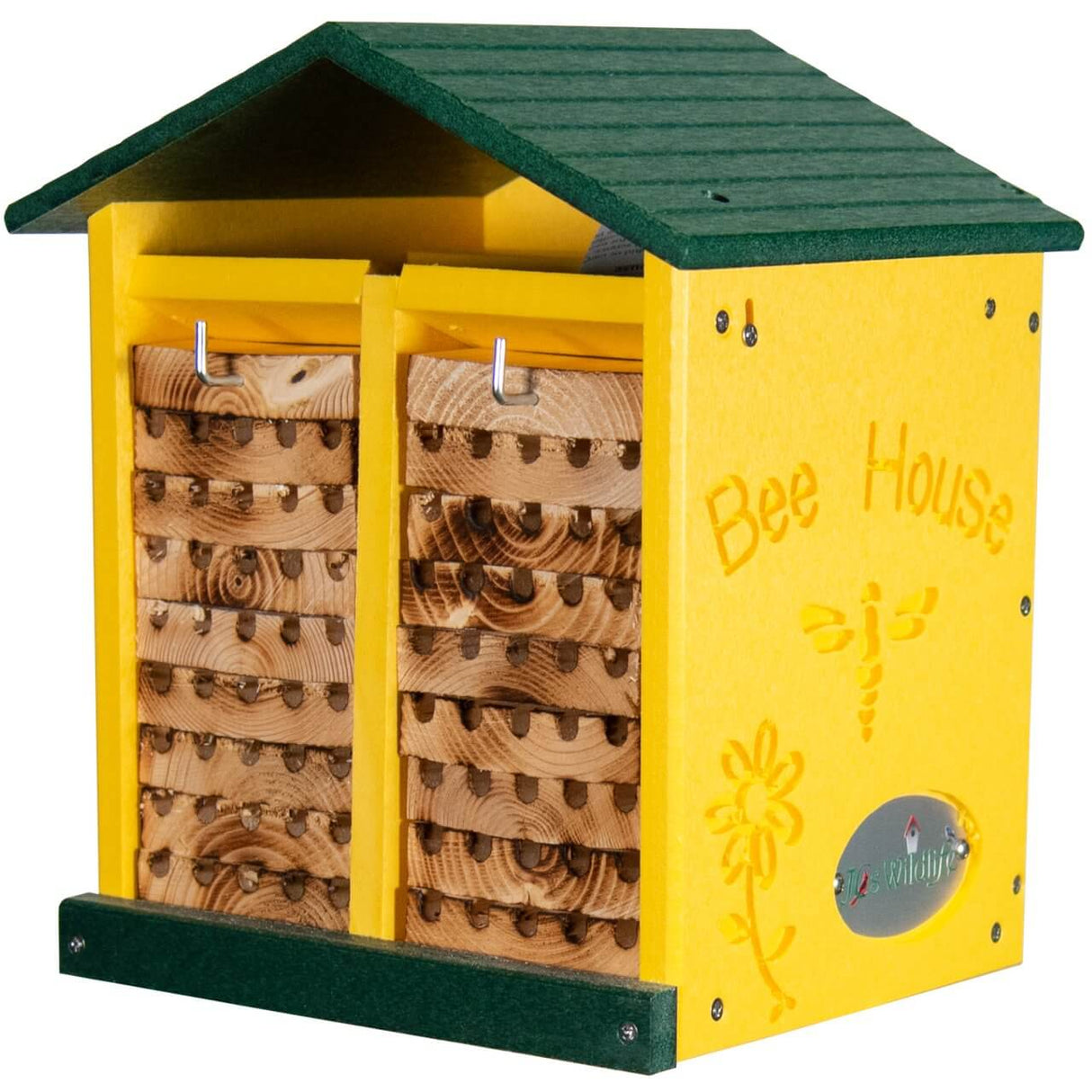 JCS Wildlife Double-Wide Large Poly Lumber and Pine Mason Bee House - Hand-Made, Vibrant Yellow and Green UV Protected Colors – Front View