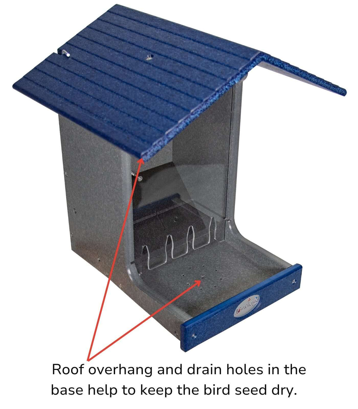 JCS Wildlife E-Z Fill Hopper Feeder showing roof overhang and drain holes for keeping birdseed dry.