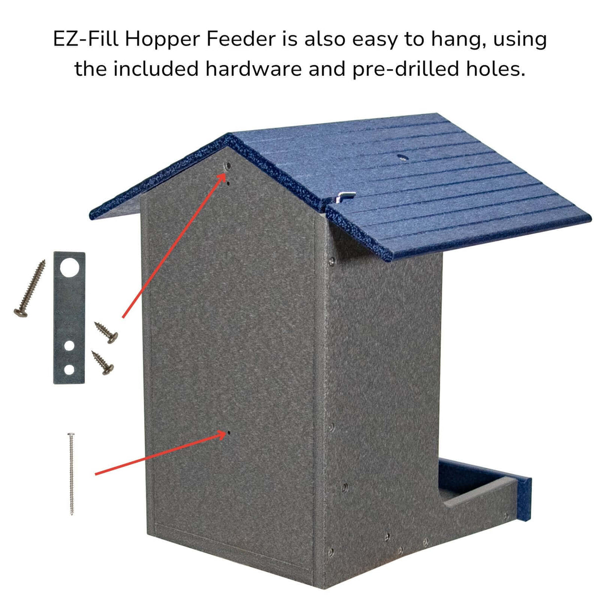 JCS Wildlife E-Z Fill Hopper Feeder with included hanging hardware and pre-drilled holes for easy installation.