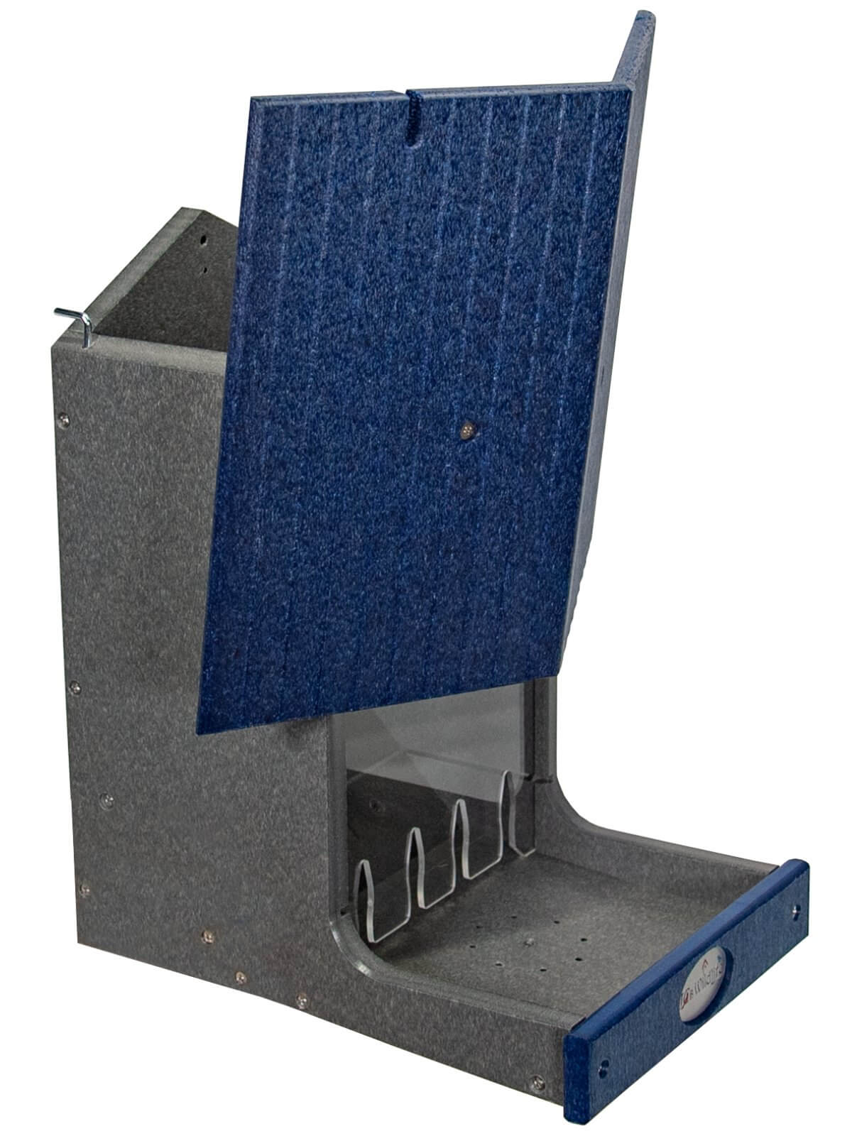 JCS Wildlife E-Z Fill Hopper Feeder with hinged roof design for easy birdseed refilling and 5-pound capacity.