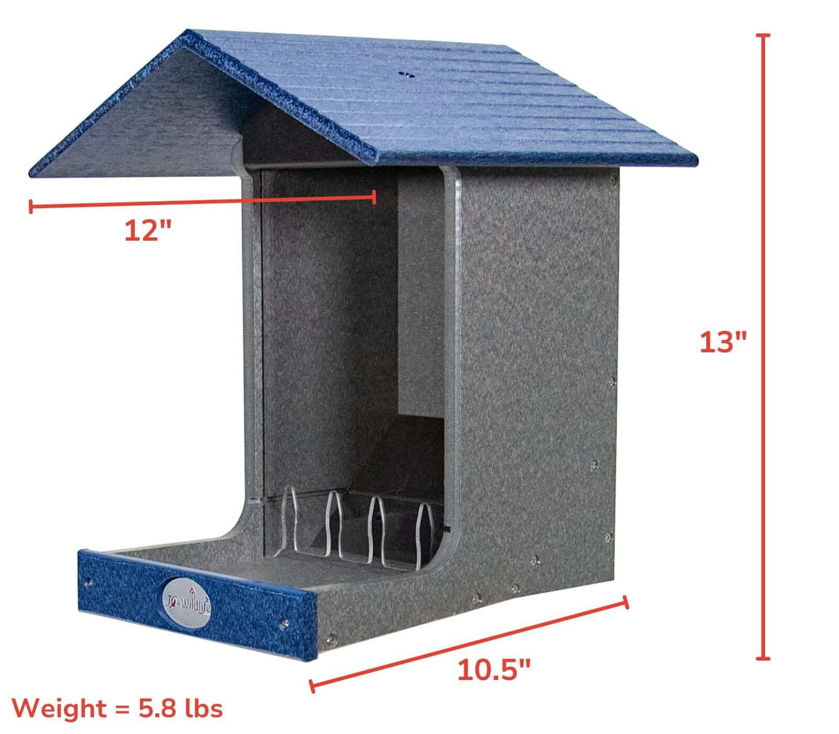 JCS Wildlife E-Z Fill Hopper Feeder with hinged roof design, dimensions 12"x10.5"x13", convenient for birdseed refilling.