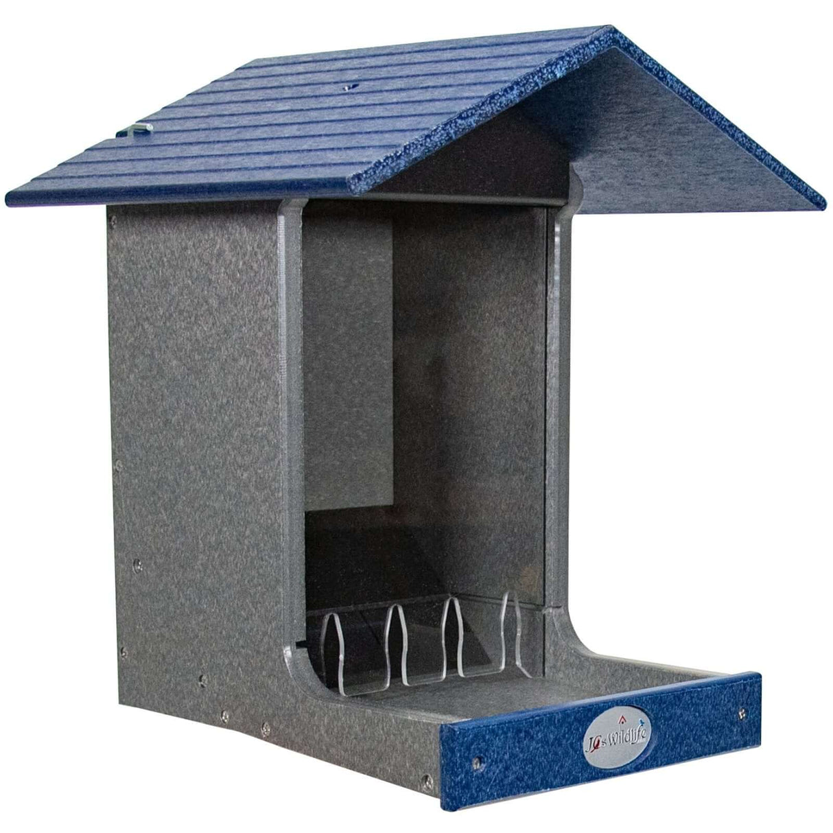 JCS Wildlife E-Z Fill Hopper Feeder with hinged roof design for easy refilling and spacious birdseed capacity.
