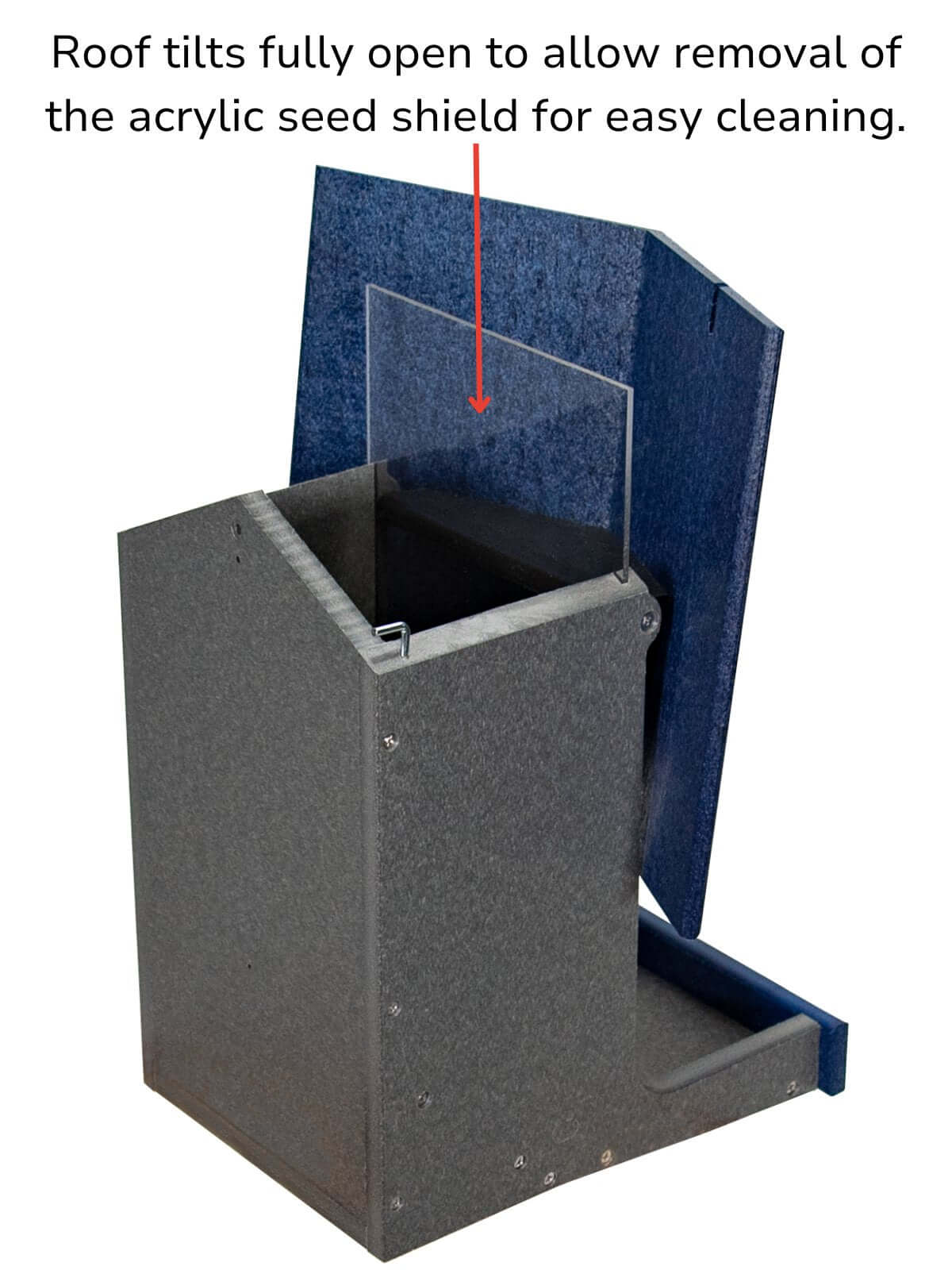 JCS Wildlife E-Z Fill Hopper Feeder roof design tilts for easy cleaning and seed shield removal.