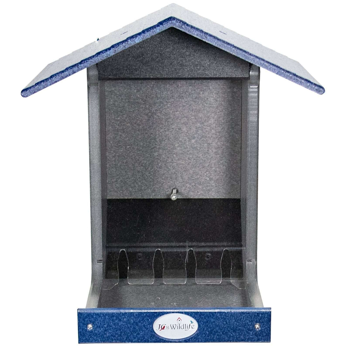 JCS Wildlife E-Z Fill Hopper Feeder with hinged roof design for easy refilling and 5-pound birdseed capacity.