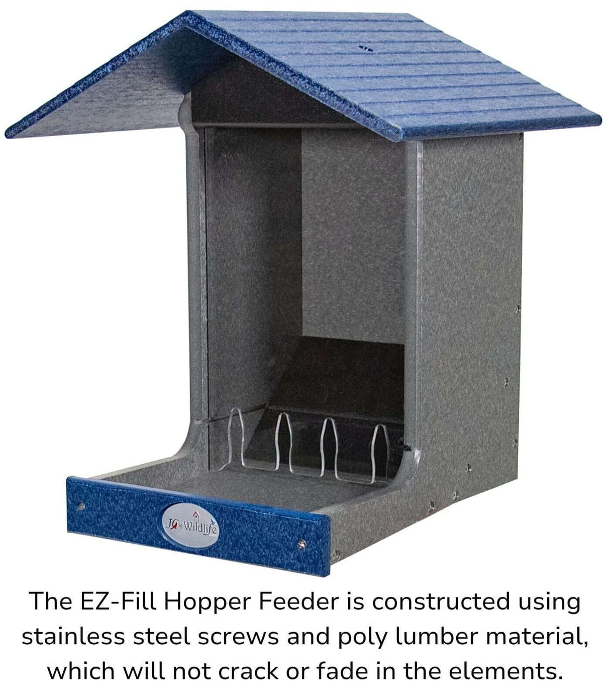 JCS Wildlife E-Z Fill Hopper Feeder featuring durable poly lumber and stainless steel screws for long-lasting use.