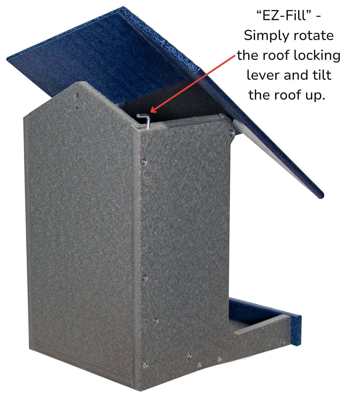 JCS Wildlife E-Z Fill Hopper Feeder showcasing hinged roof design for easy refilling of birdseed.
