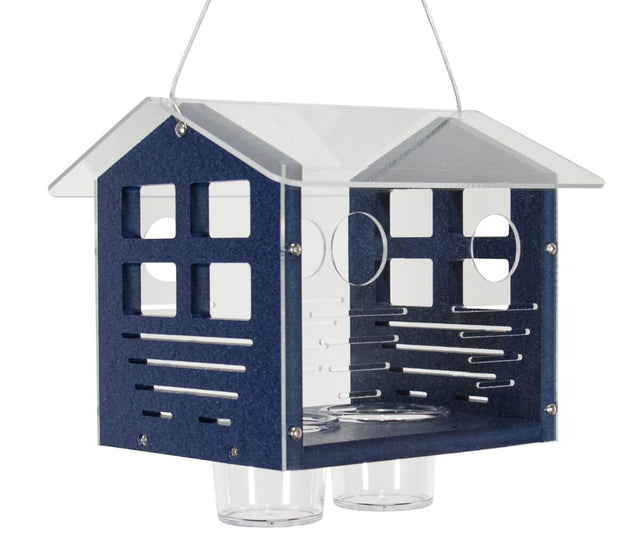 JCS Wildlife Enclosed Bluebird Feeder 2.0 with acrylic roof and blue body, designed for bluebirds.