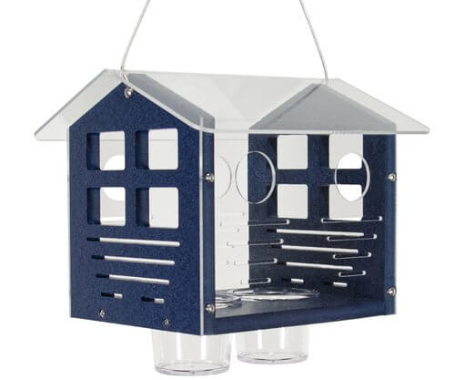 JCS Wildlife Enclosed Bluebird Feeder 2.0 featuring a blue wooden design with clear acrylic roof and feeding holes.